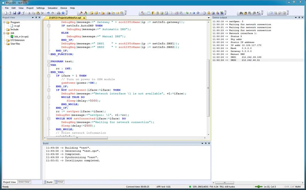 Classic RTCU IDE showing its source editor and development tools