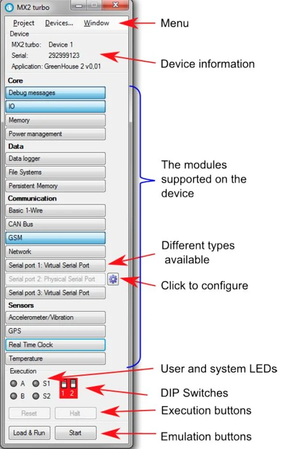 RTCU Emulator showing a virtual RTCU device and emulation controls