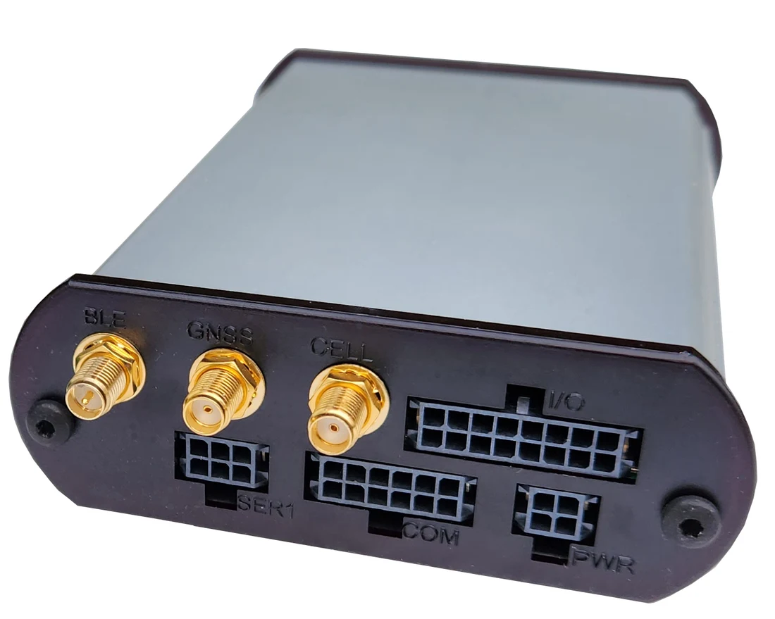 RTCU LX2 pro rear photograph showing antenna, power and vehicle-interface connections