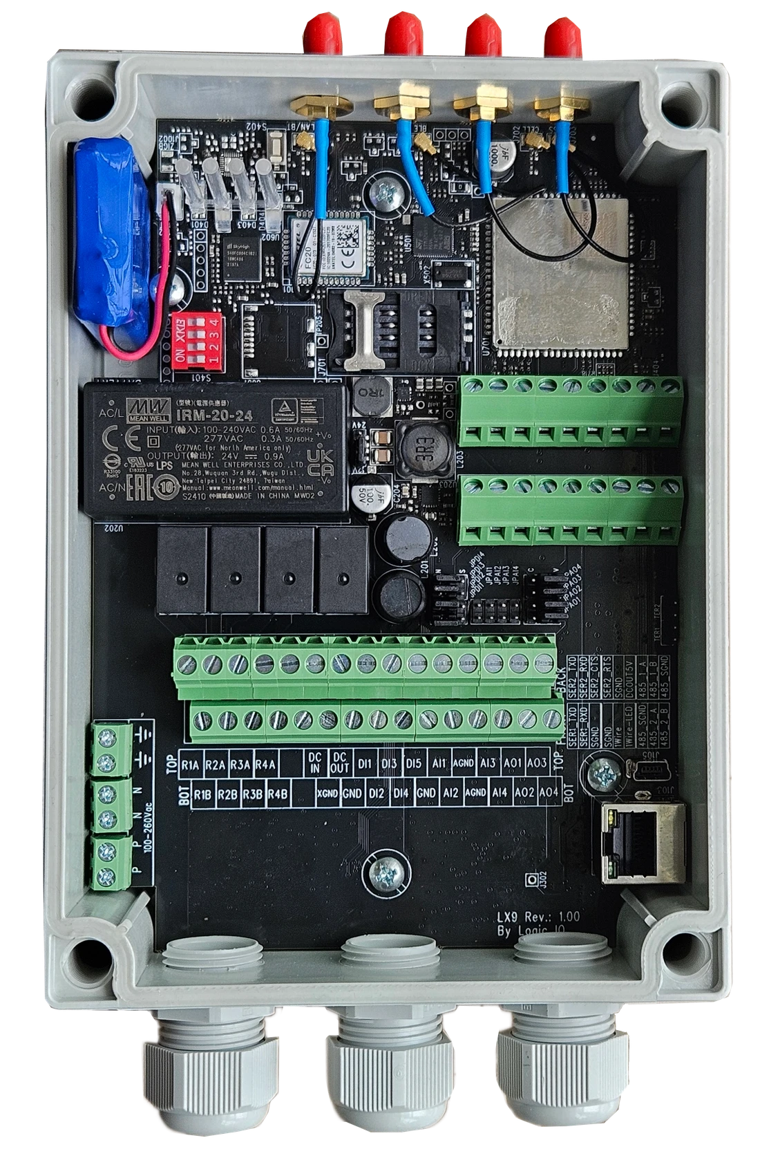 RTCU LX9 pro with its cover removed, showing circuit board and terminal blocks