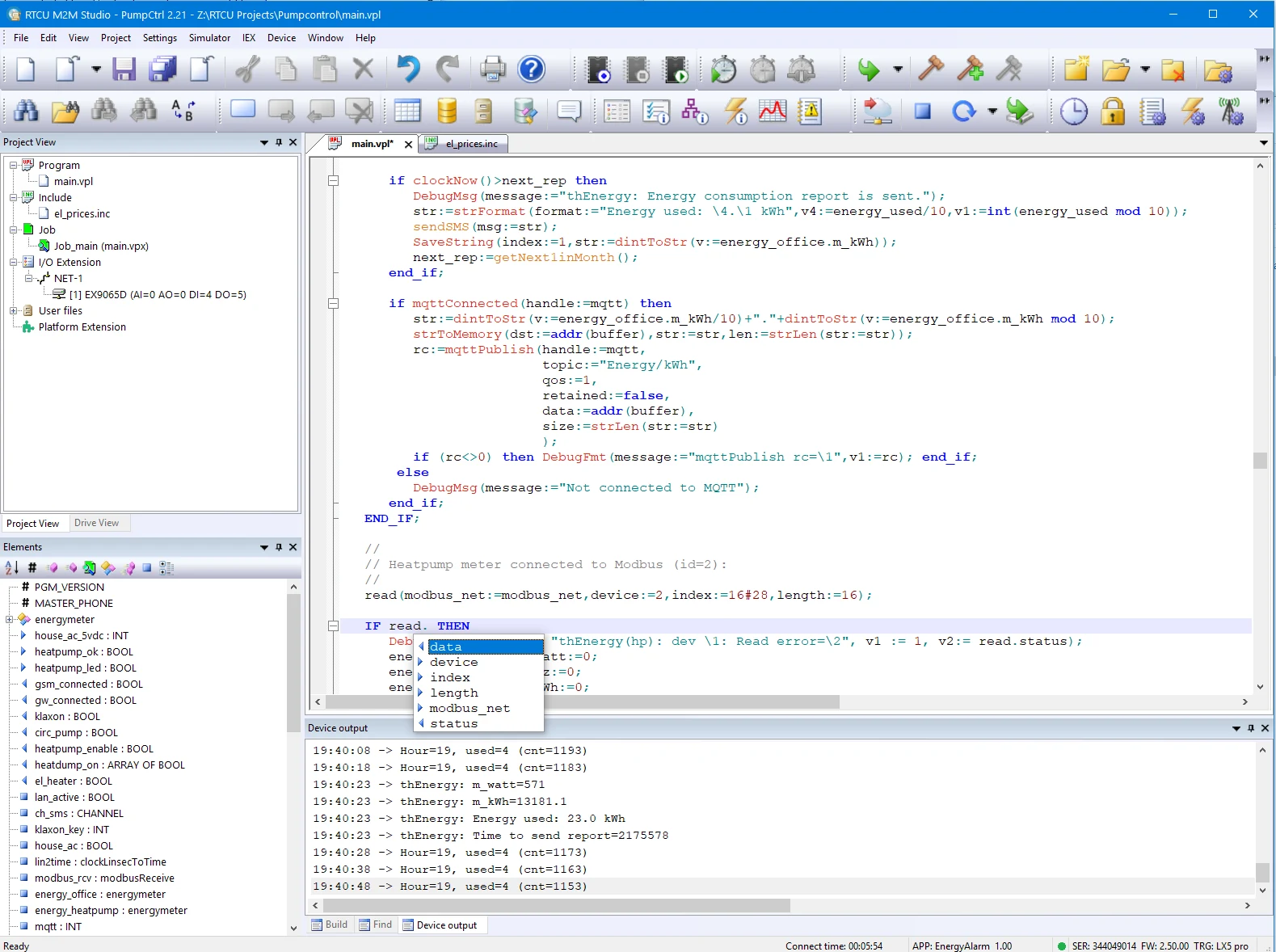 Original RTCU M2M Studio screenshot showing the source editor, project tree and development panels